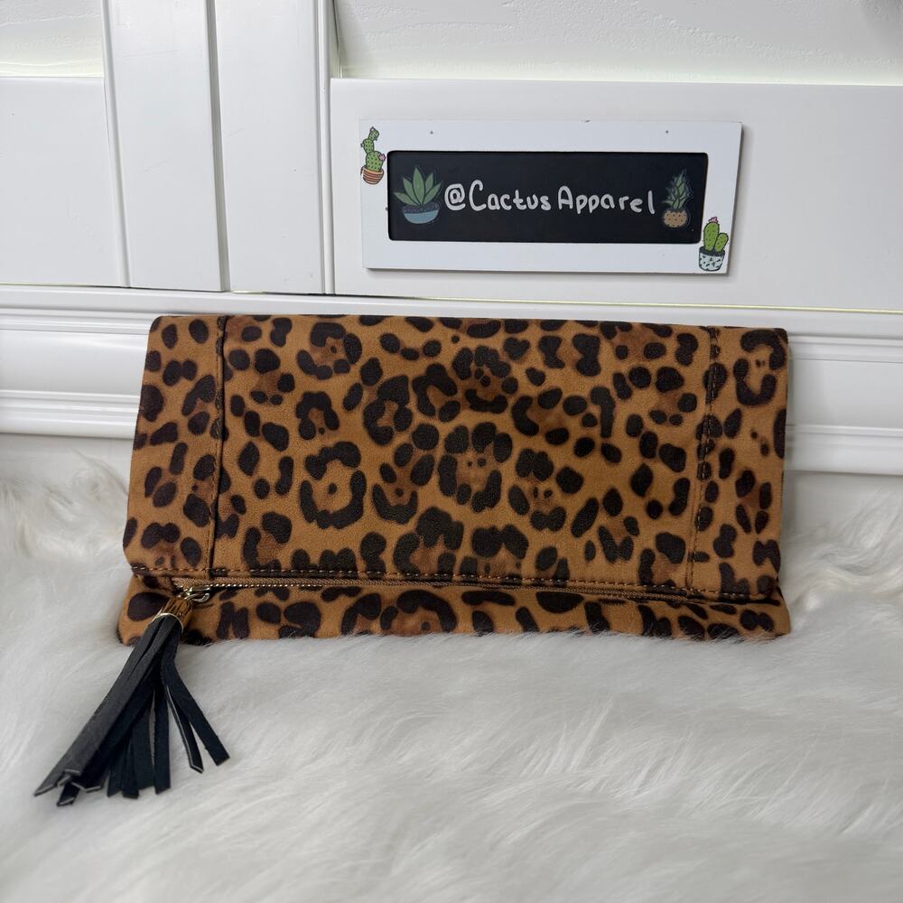 Leopard Print Faux Suede Foldover Clutch with Tassel Zip Closure